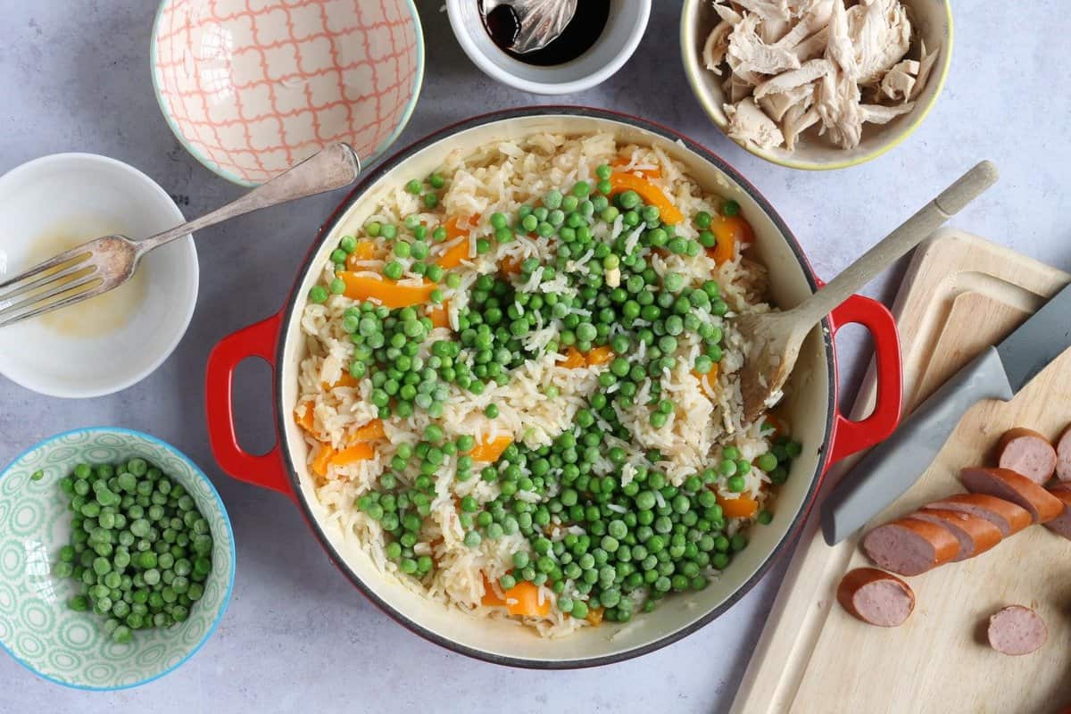 Frozen peas added into the egg fried rice.