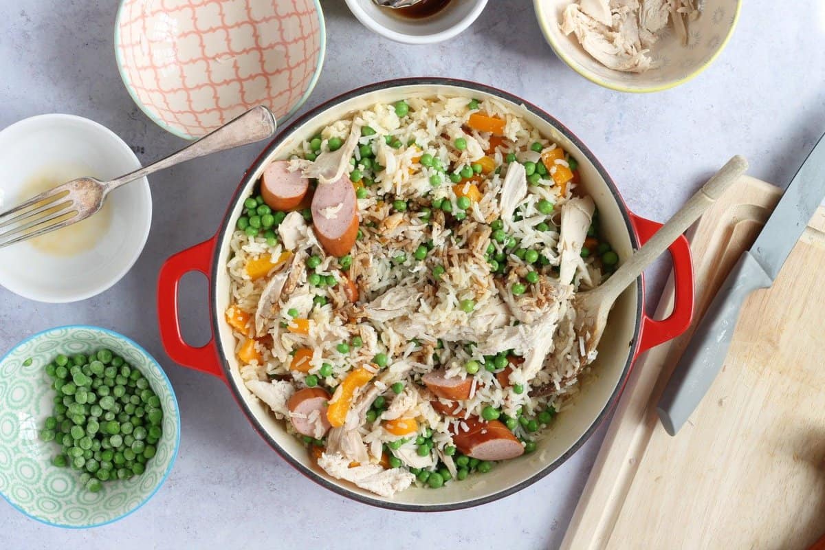 Chicken Fried Rice in a pan, ready to serve.