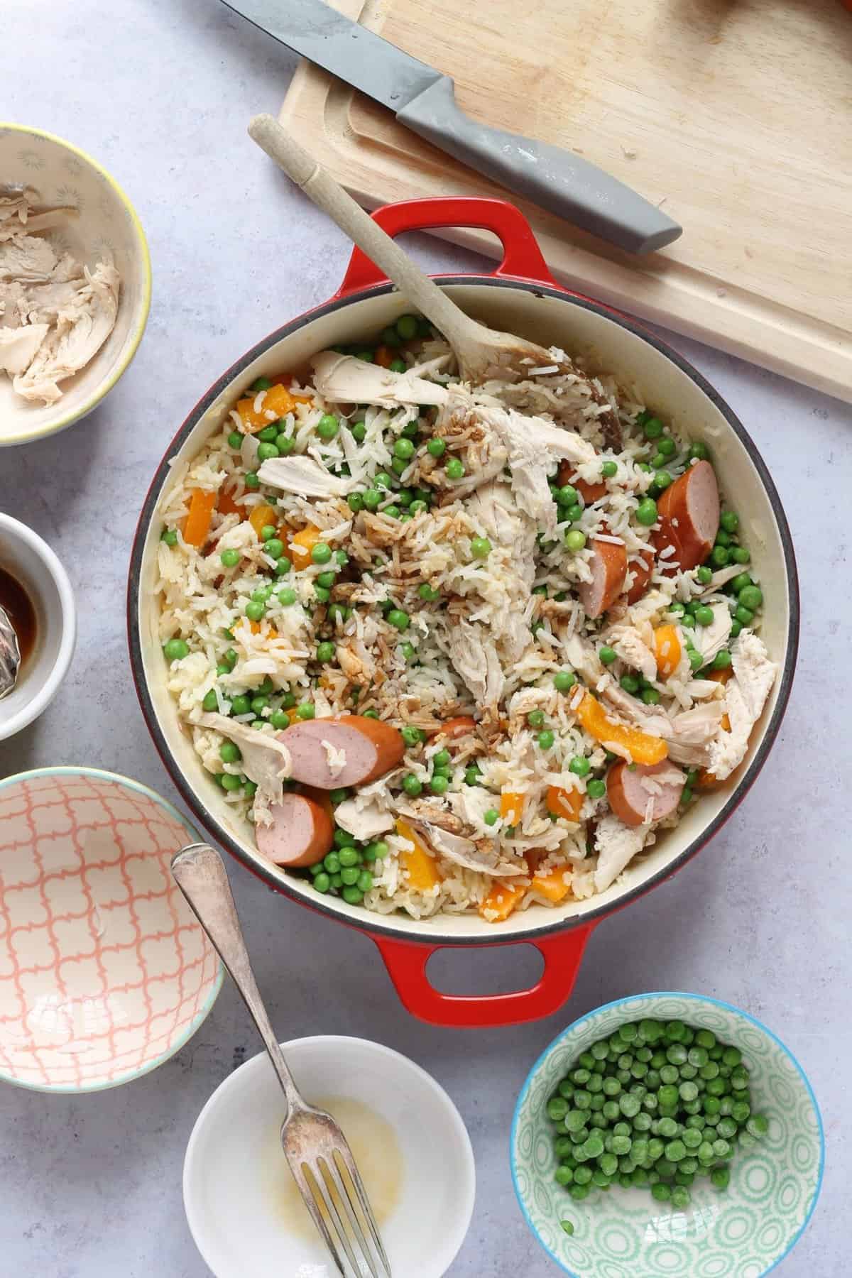 Overhead shot of fried rice in a large pan.