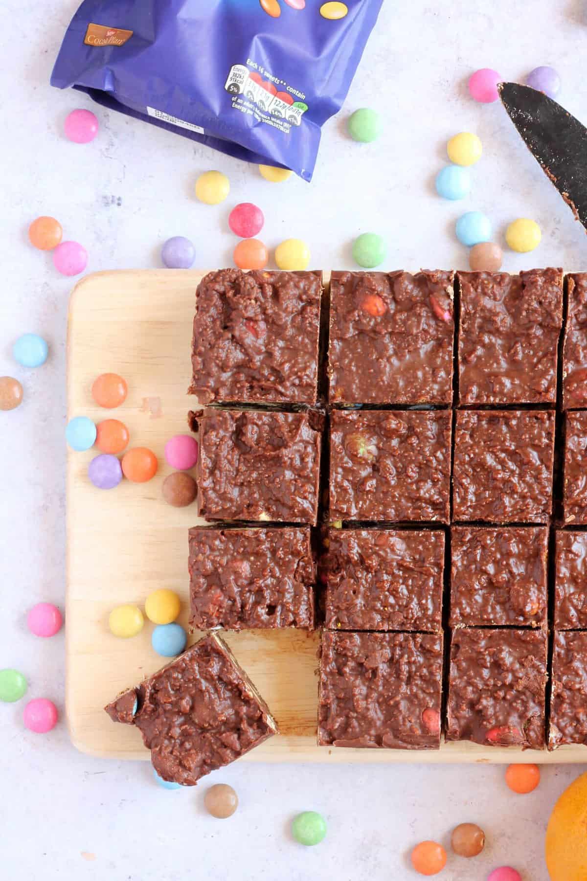 Overhead image of fridge cake with smarties