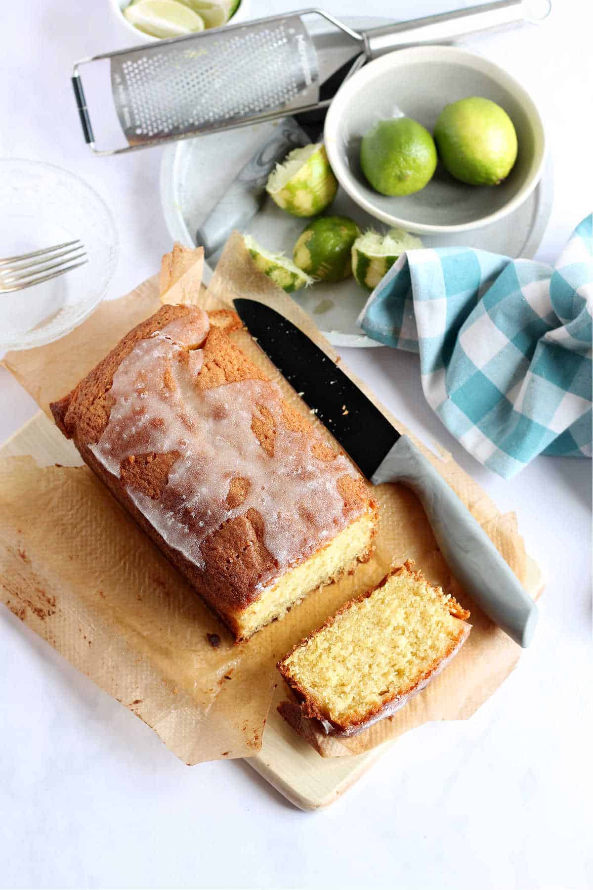 Lime and coconut loaf cake, cut into slices.