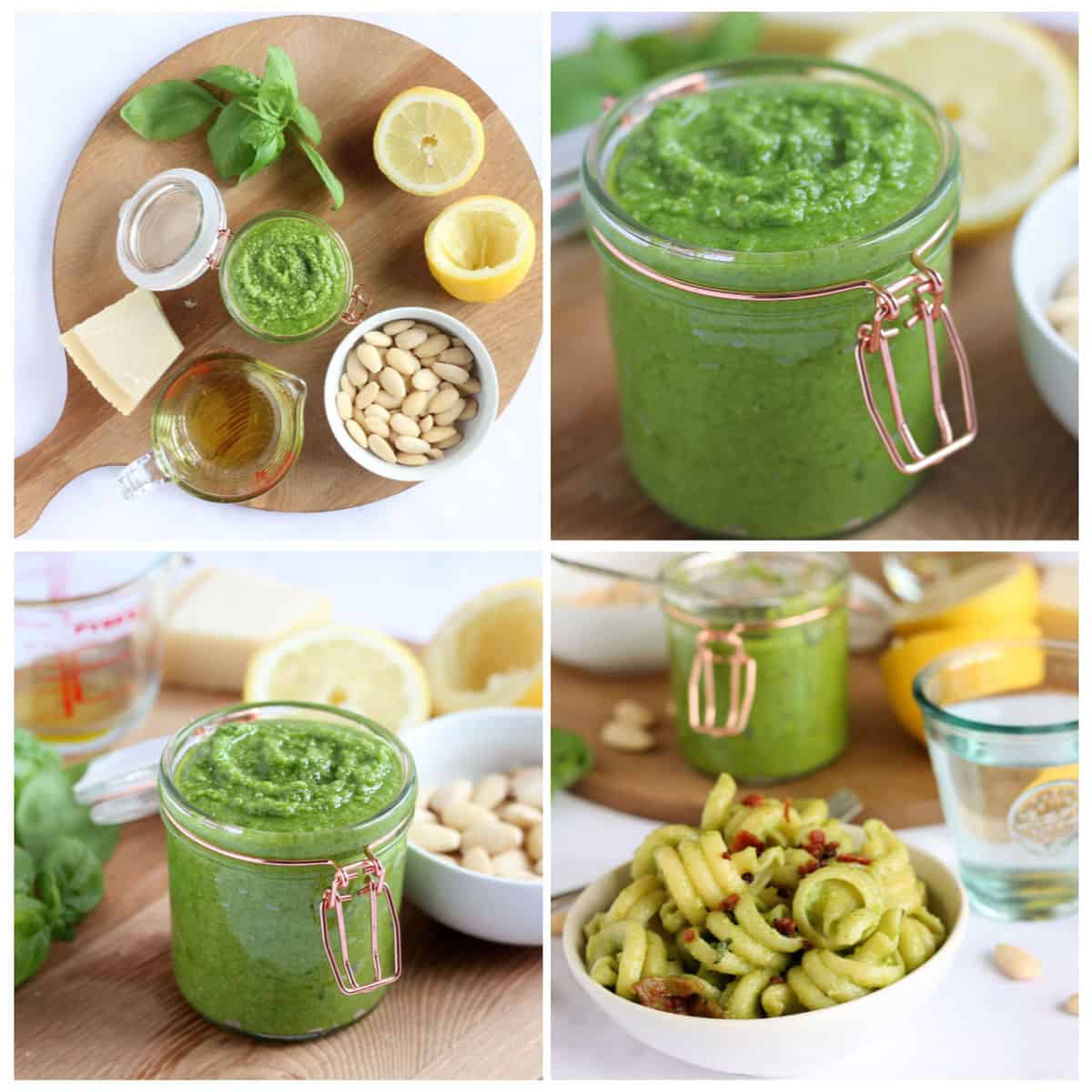 Step by step photo instructions for making pesto pasta