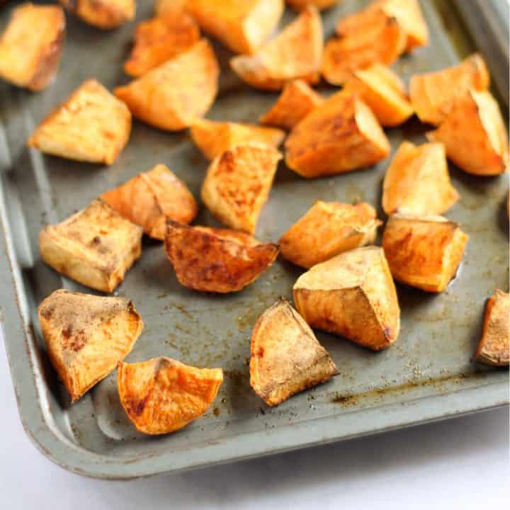 A tray of roast sweet potatoes