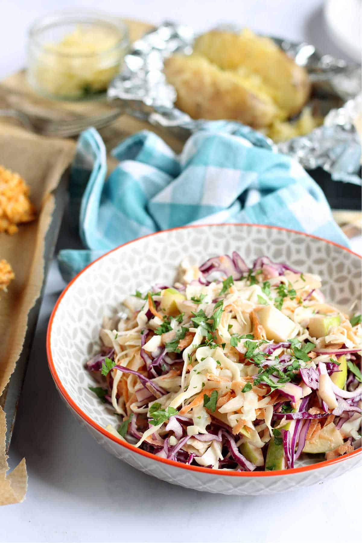 A close-up shot of homemade coleslaw.