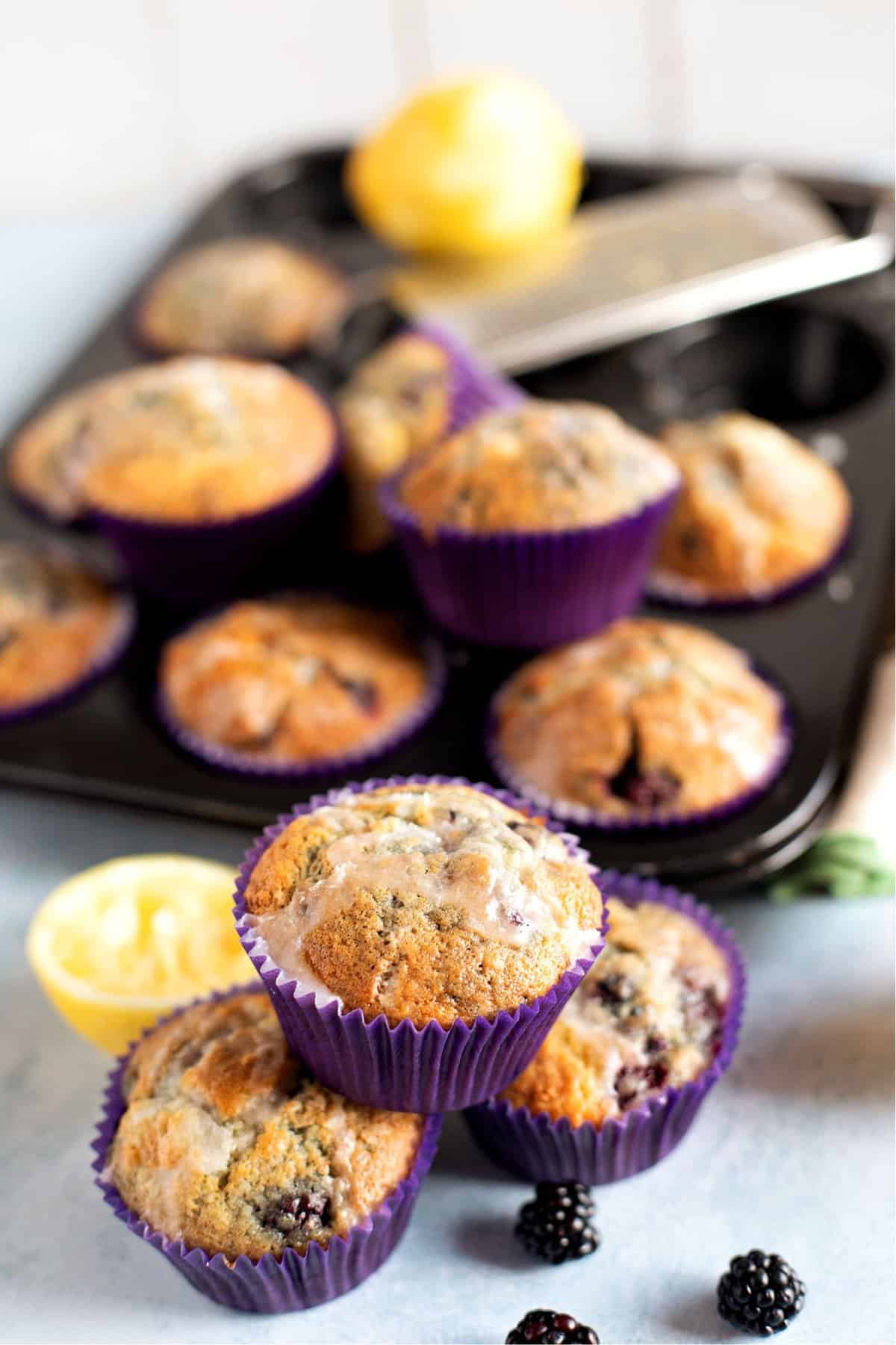 Close up shot of blackberry and lemon muffins