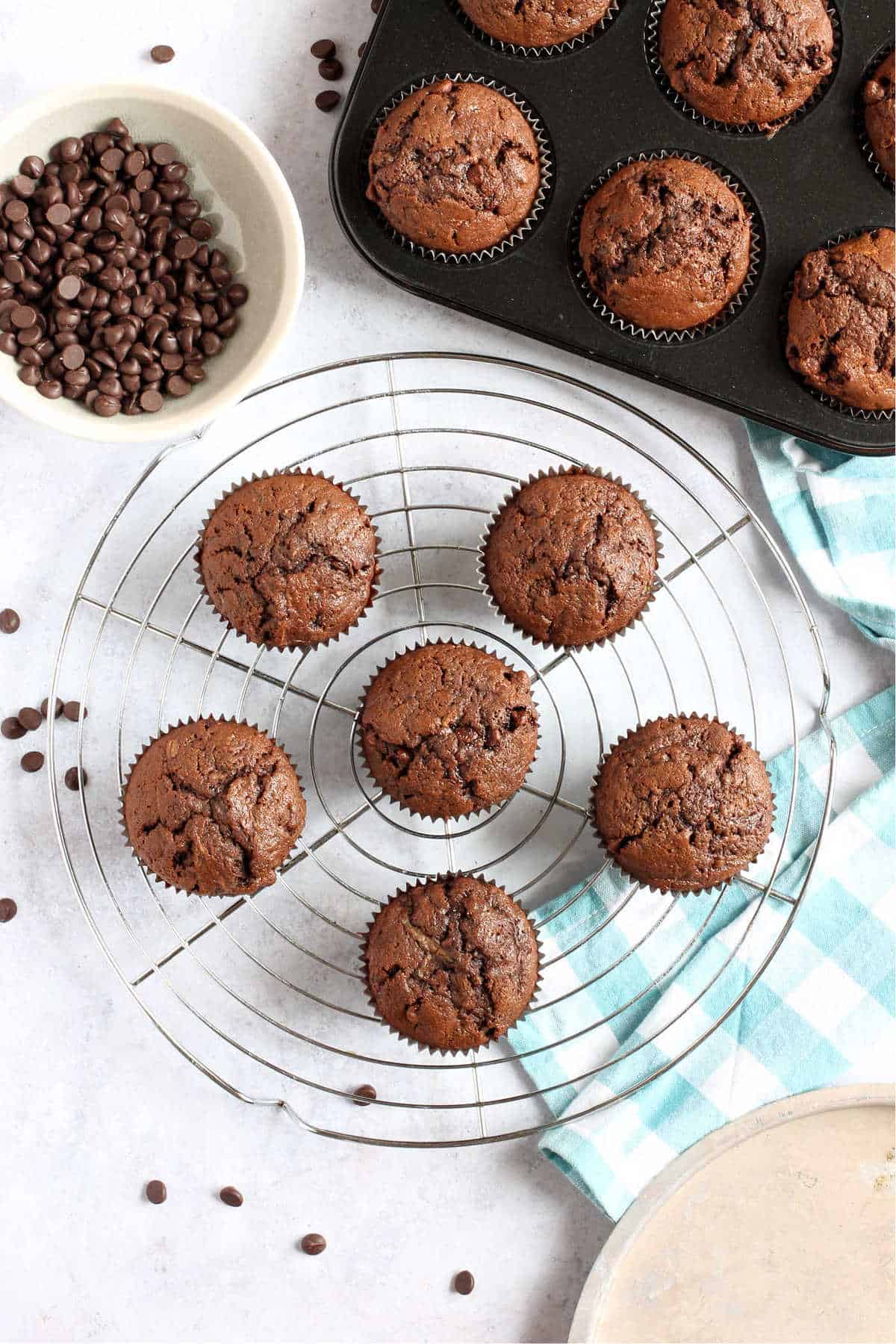 Chocolate Courgette Muffins on a wire cooling rack