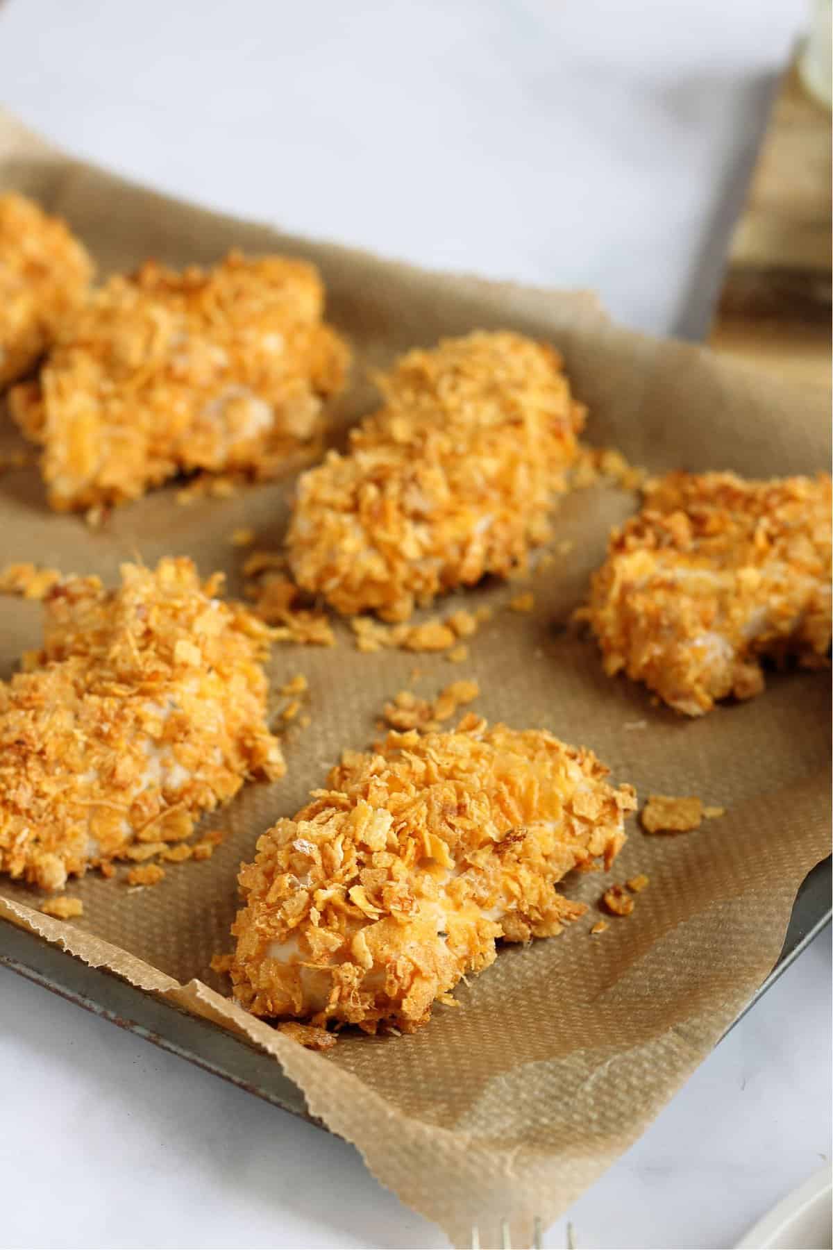 A tray of homemade cornflake chicken nuggets