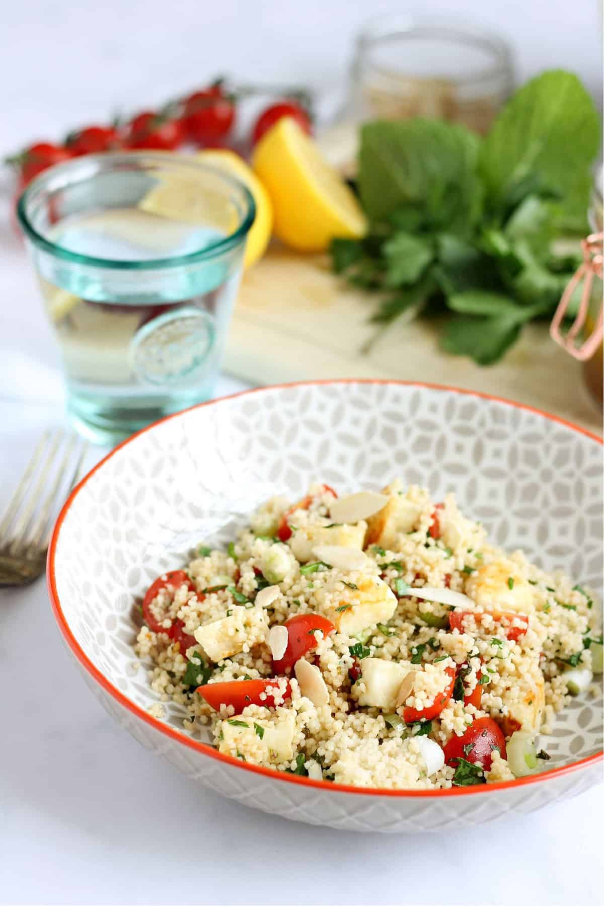 Close-up of halloumi couscous salad