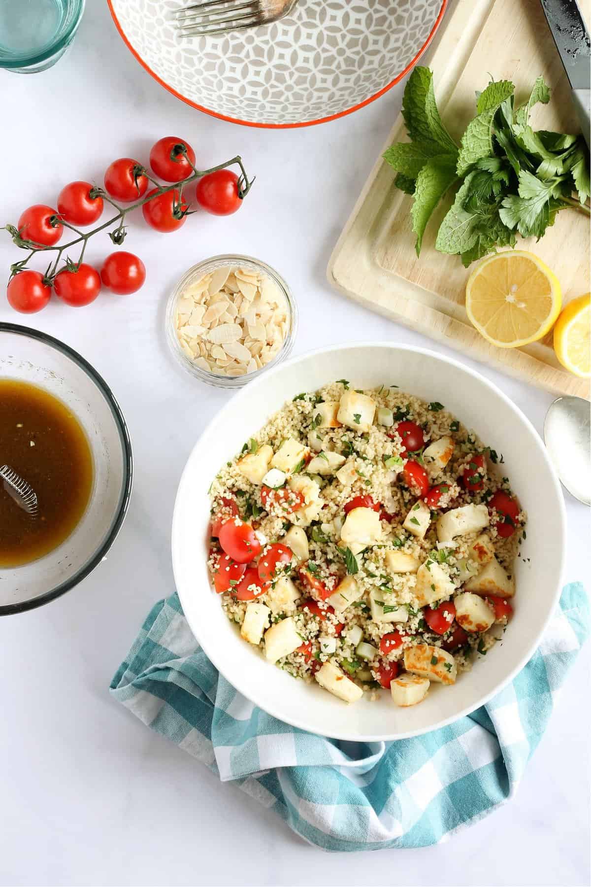 Overhead shot of halloumi couscous