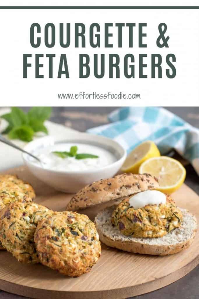 courgette & feta burgers on a platter pinterest image with text overlay.