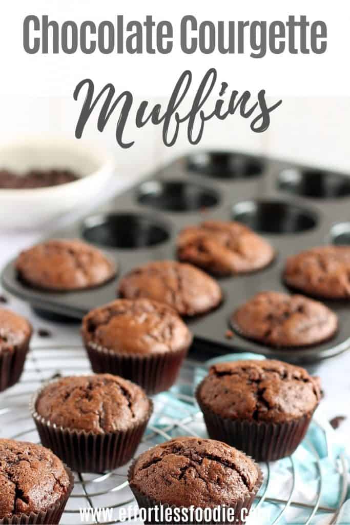 Chocolate courgette muffins pin image with text overlay.