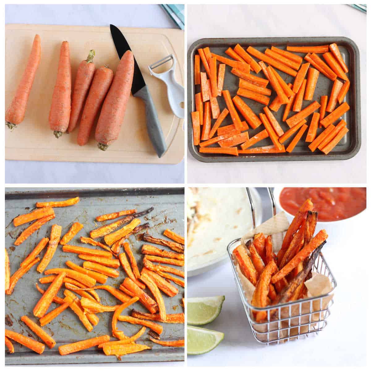 Step by step photo instructions for making baked carrot fires (chips)