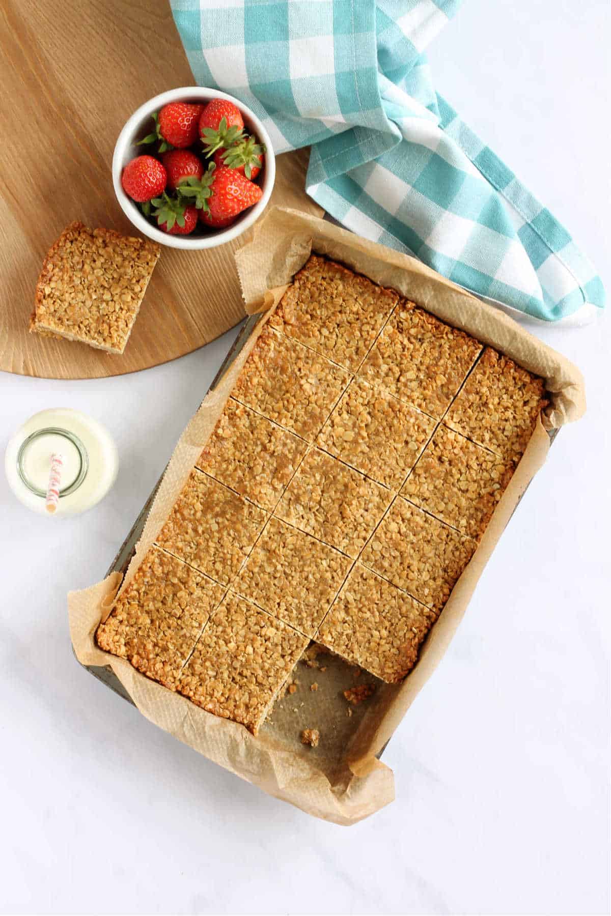 Overhead shot of a tray of baked flapjacks