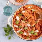 overhead shot of chicken peene arrabbiata.