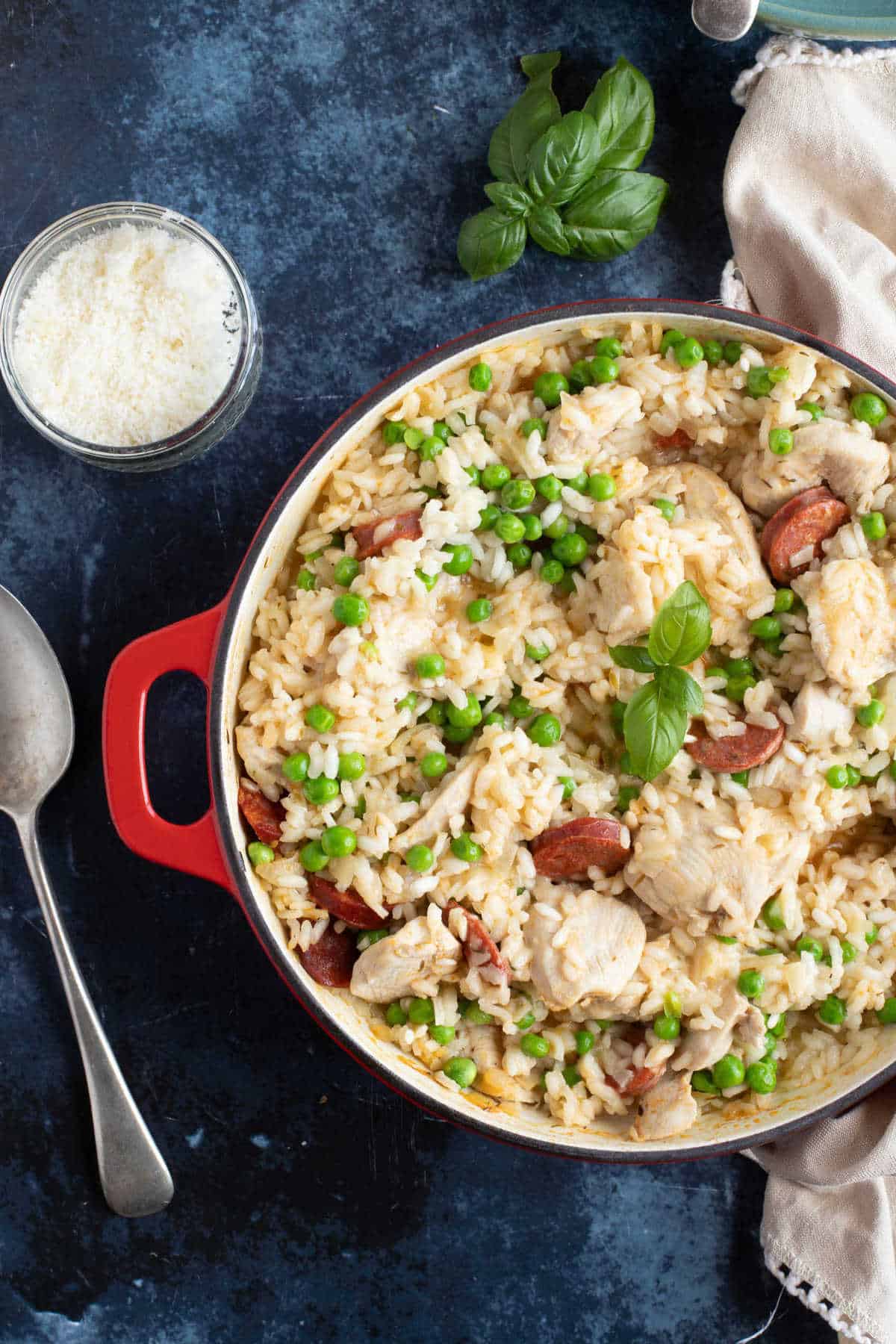 A pan of chicken and chorizo risotto.