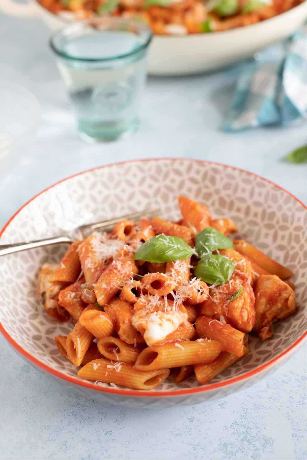 A close up of a bowl of tomato and chicken pasta.