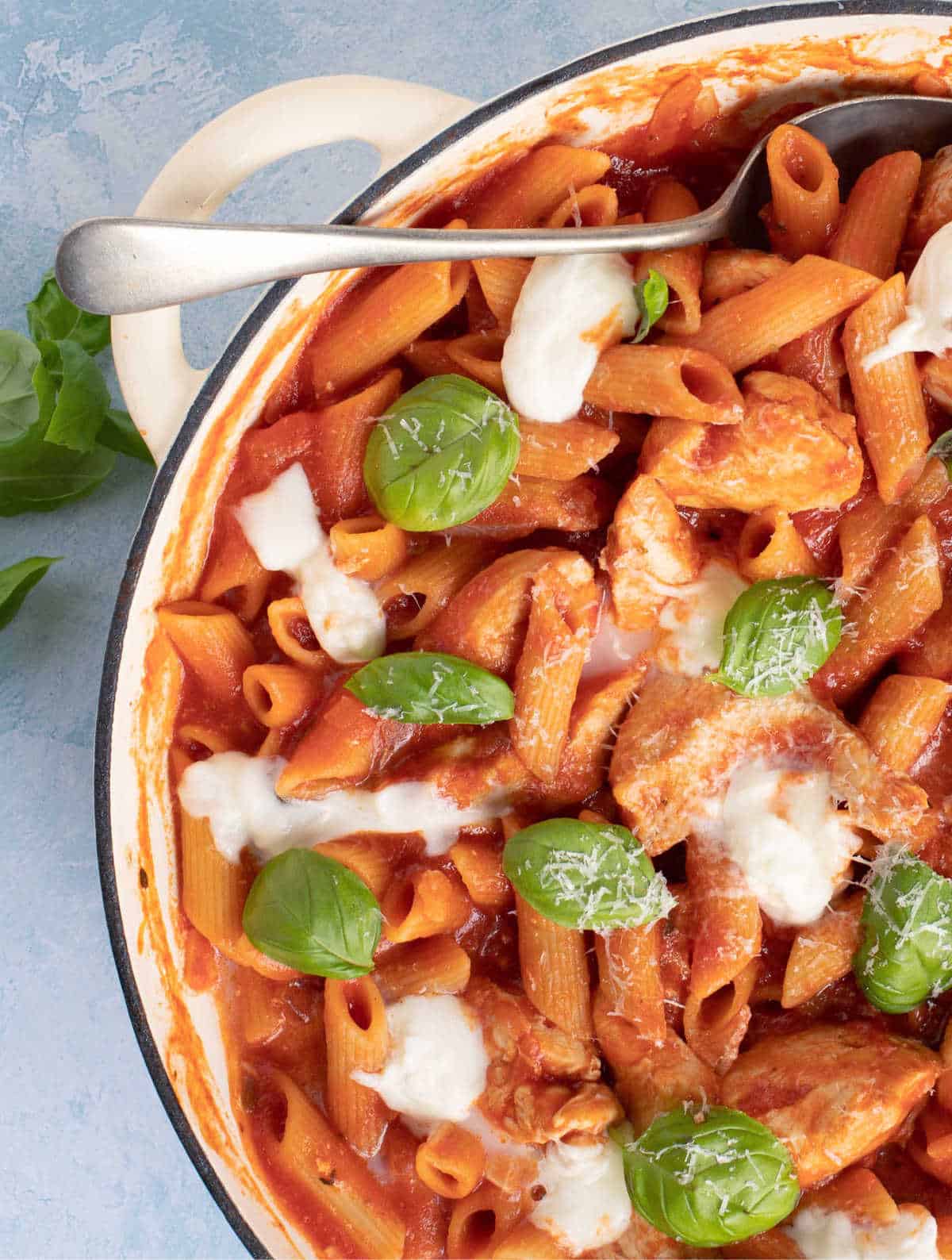 An overhead close-up photo of the tomato chicken pasta.