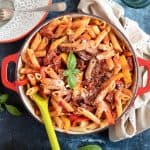 Pepper and Chorizo Pasta garnished with basil and grated Parmesan.