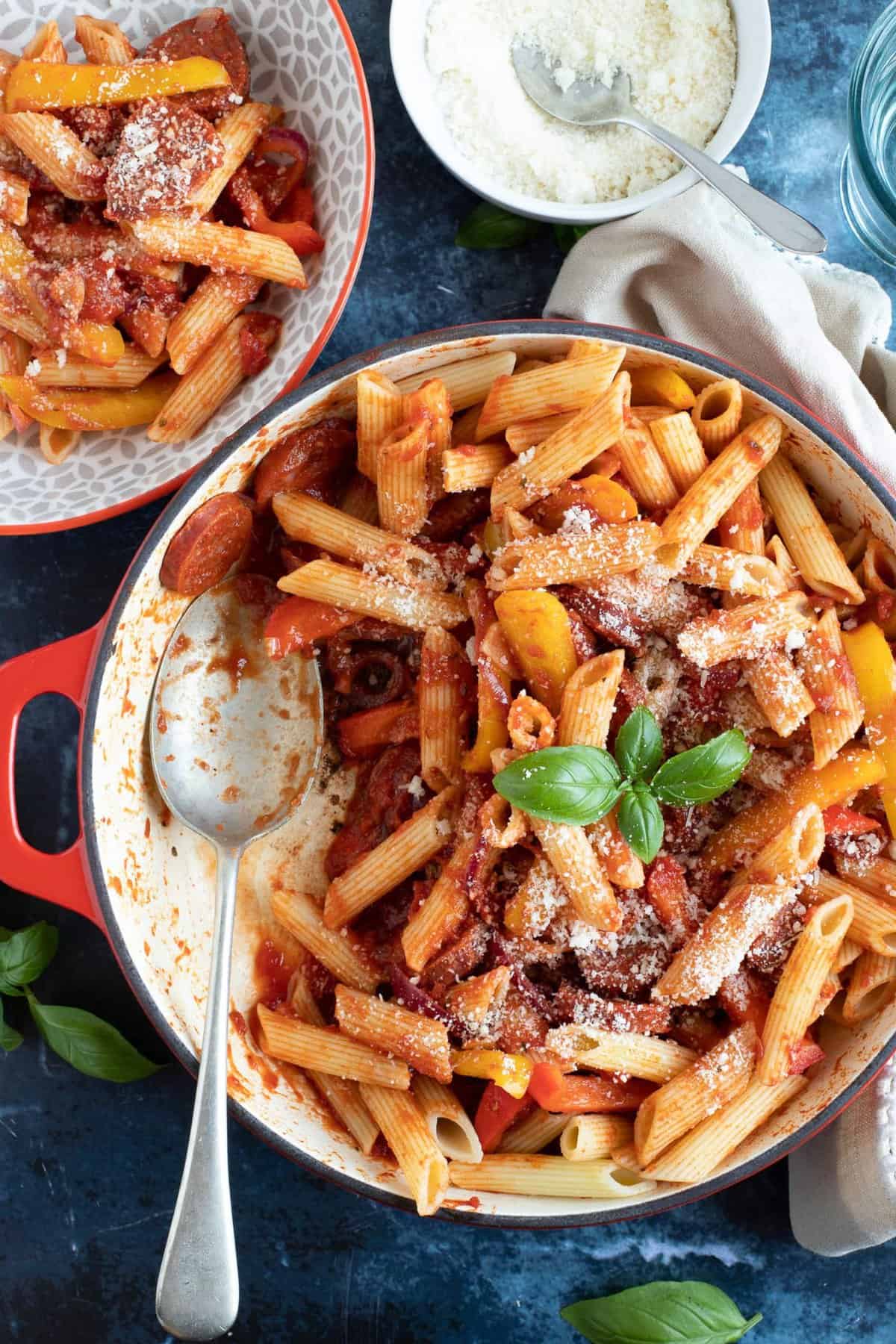 Chorizo Pasta served into bowls.