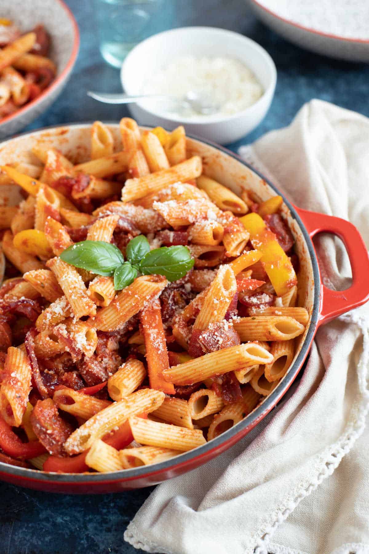 A pan of chorizo and pepper pasta.