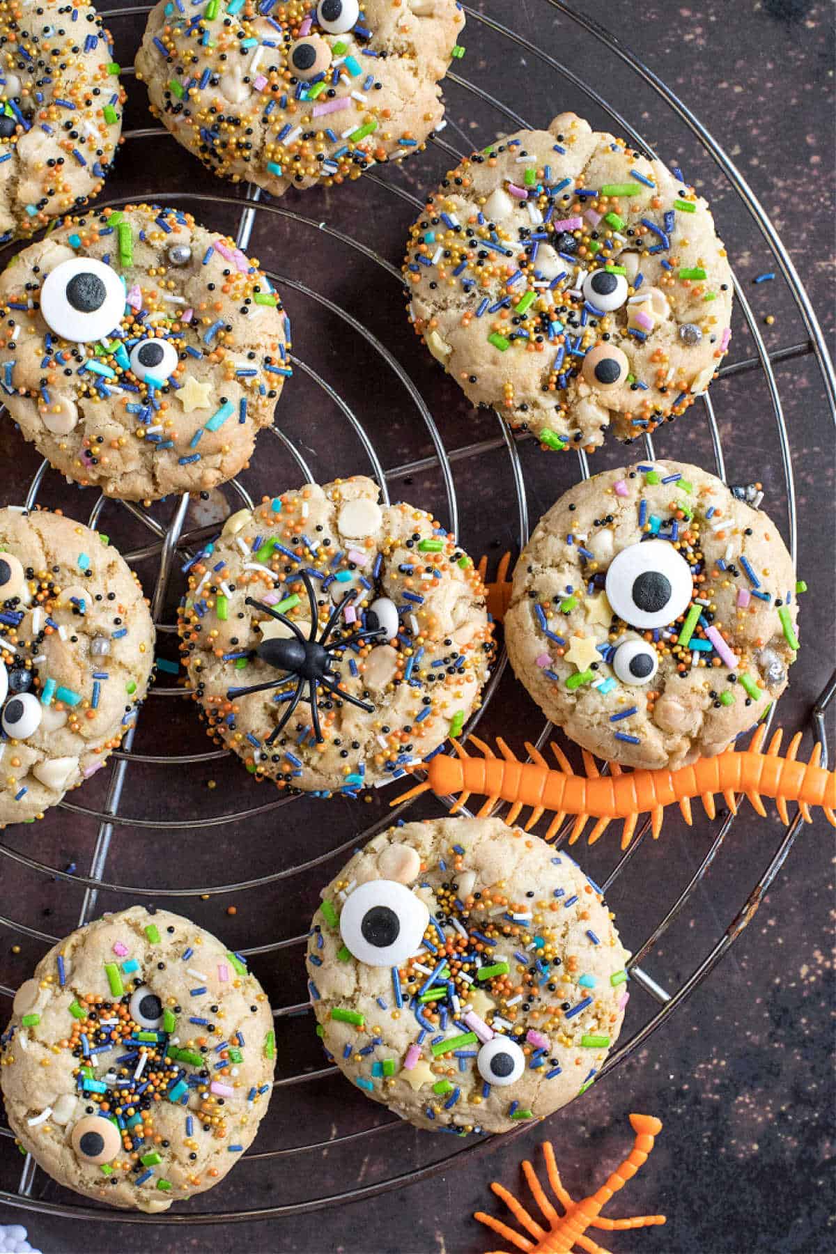 Overhead shot of Halloween cookies on a cooling rack