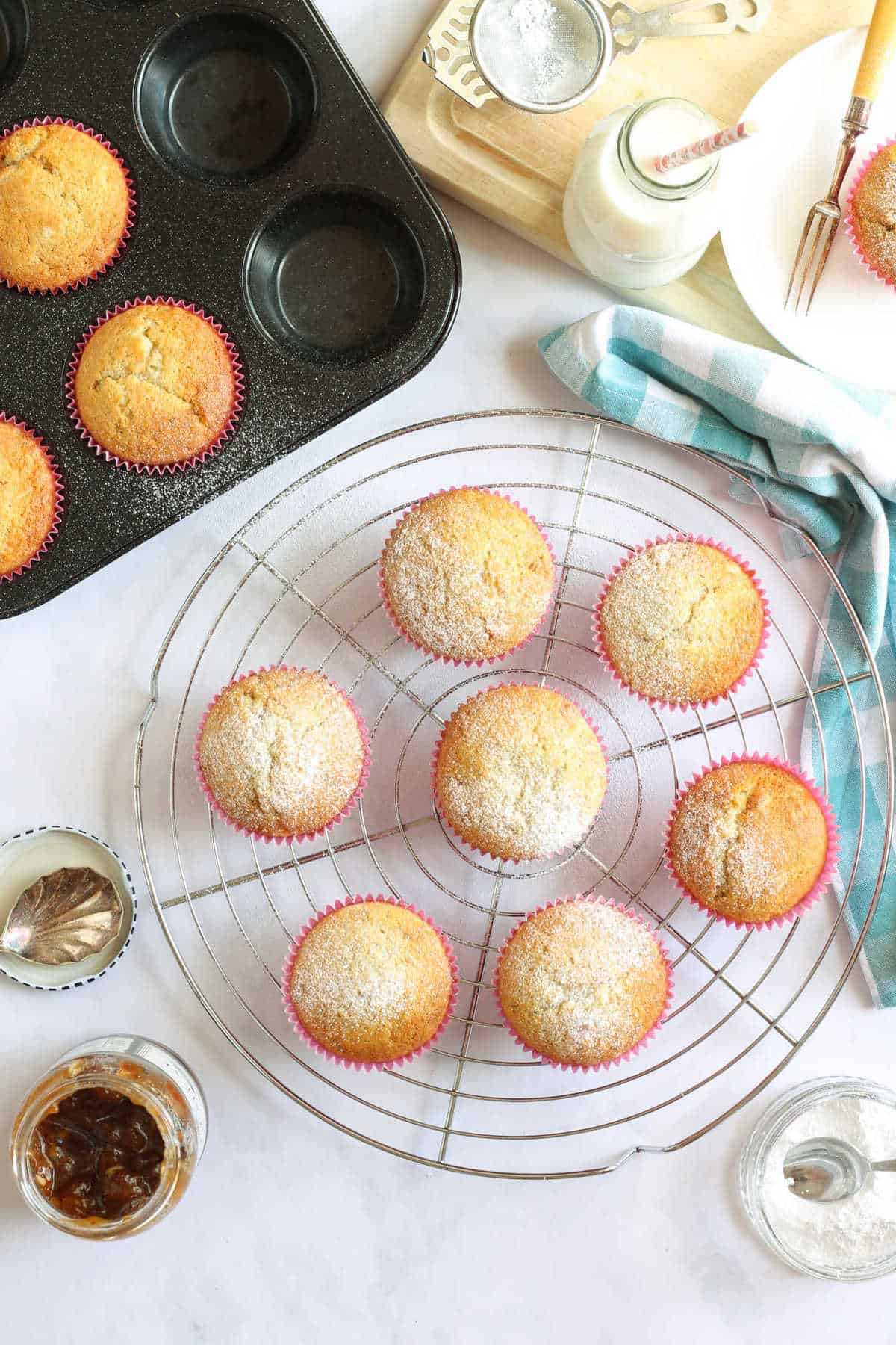 Overhead shot of mincemeat muffins on a cooling rack.