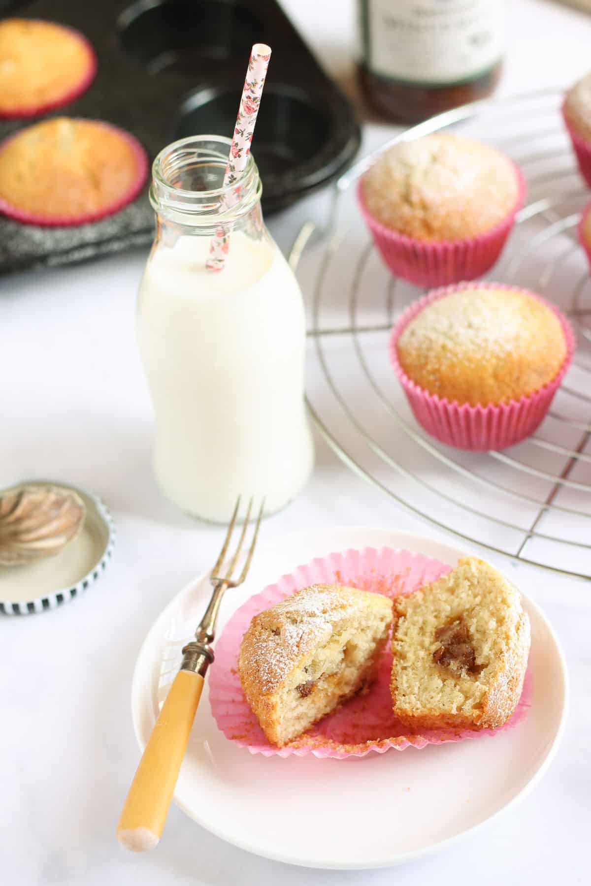 A muffin cut in half to show the fruity mincemeat centre.