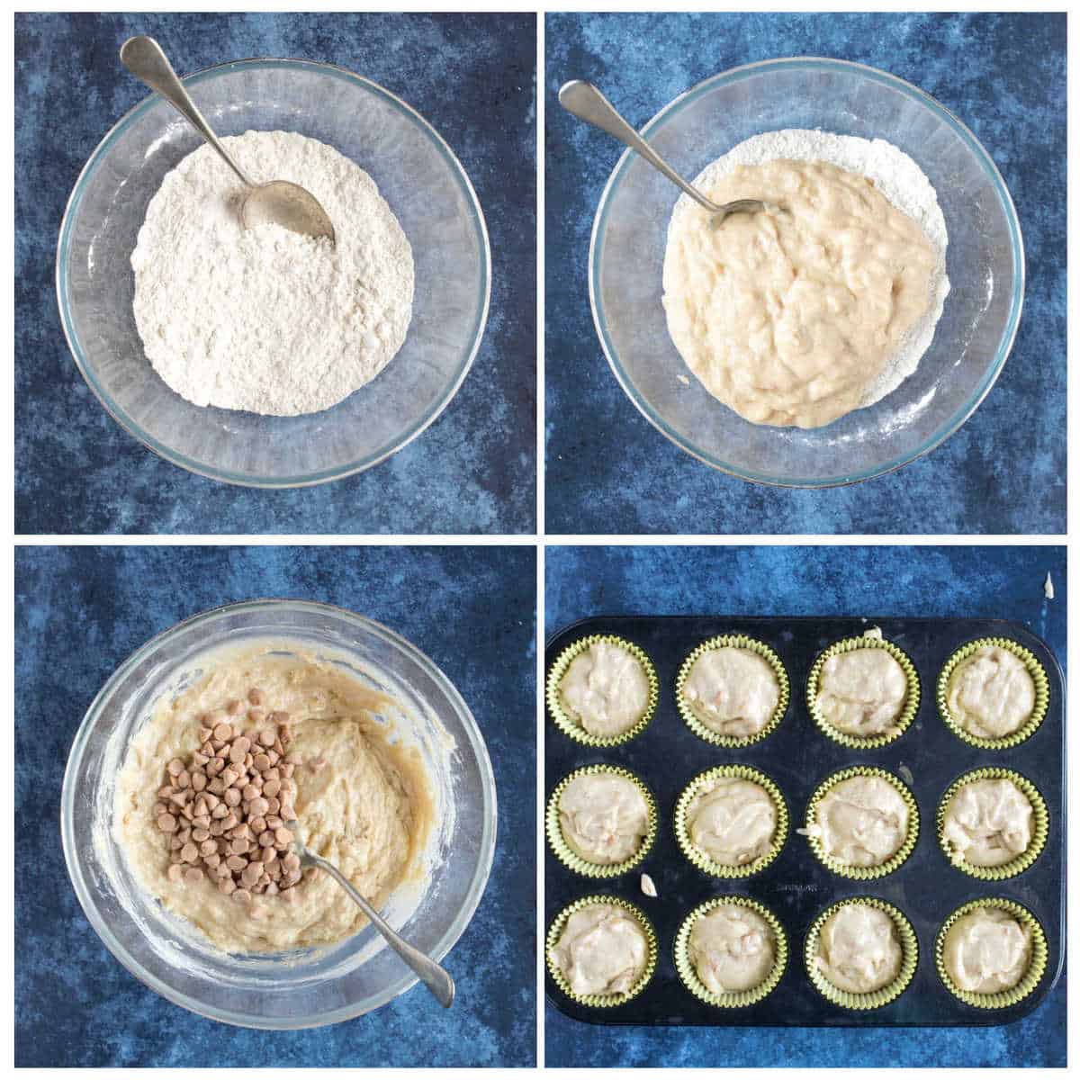 Step by step photo instructions for making the peanut butter and banana muffins.