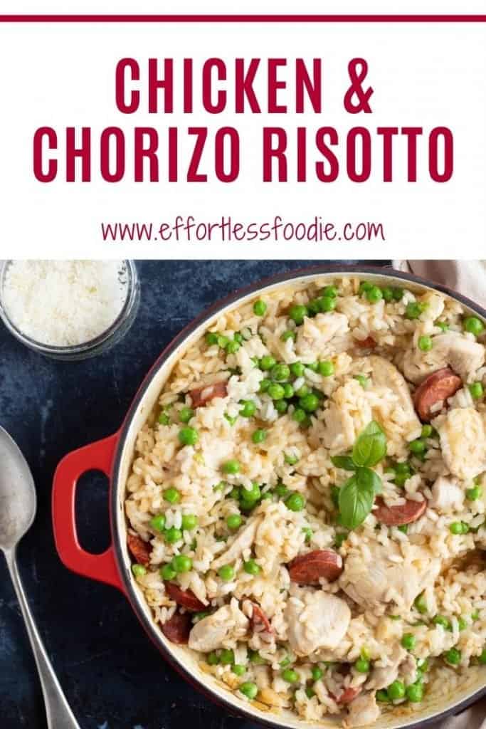 Chicken and chorizo risotto pinterest pin with text overlay.