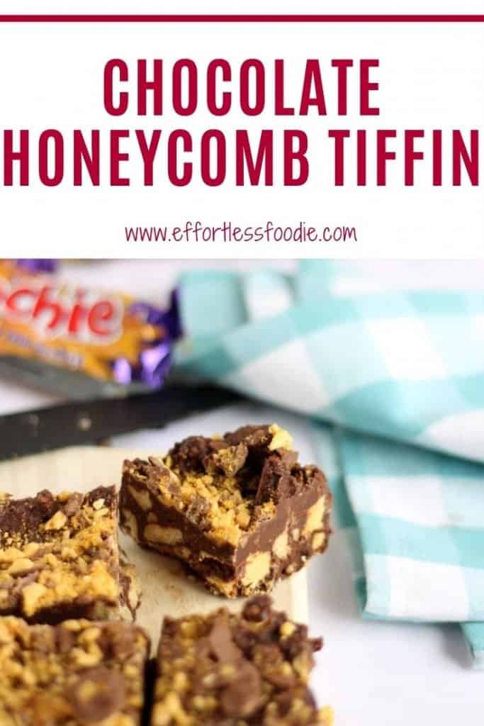 Chocolate honeycomb tiffin pinterest image with text overlay.