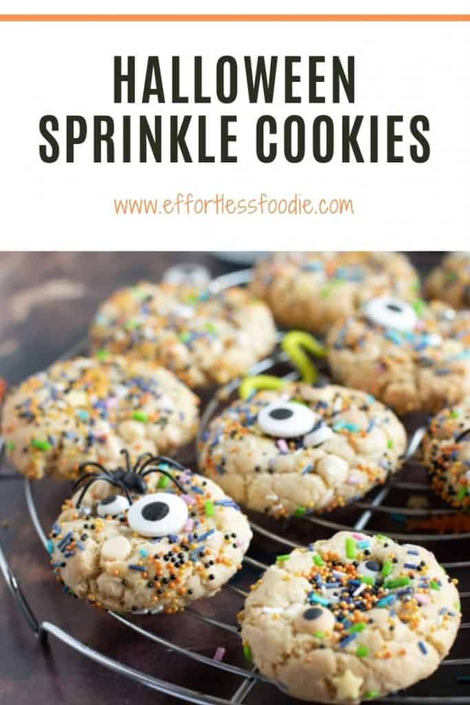 Halloween Sprinkle Cookies Pin image for Pinterest with text overlay.