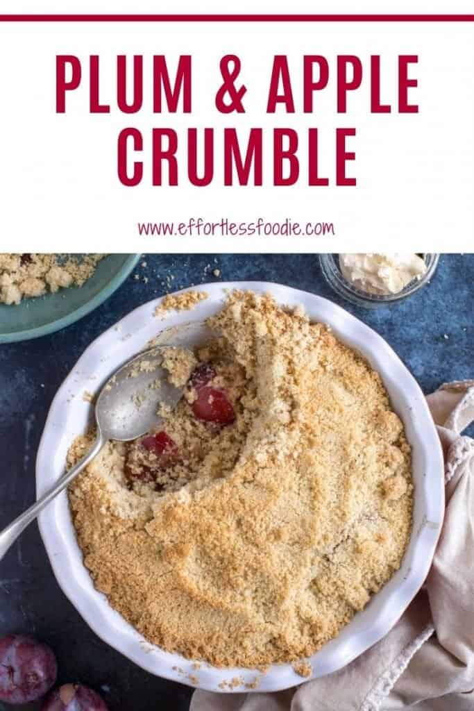 Plum and apple crumble Pinterest pin with text overlay.