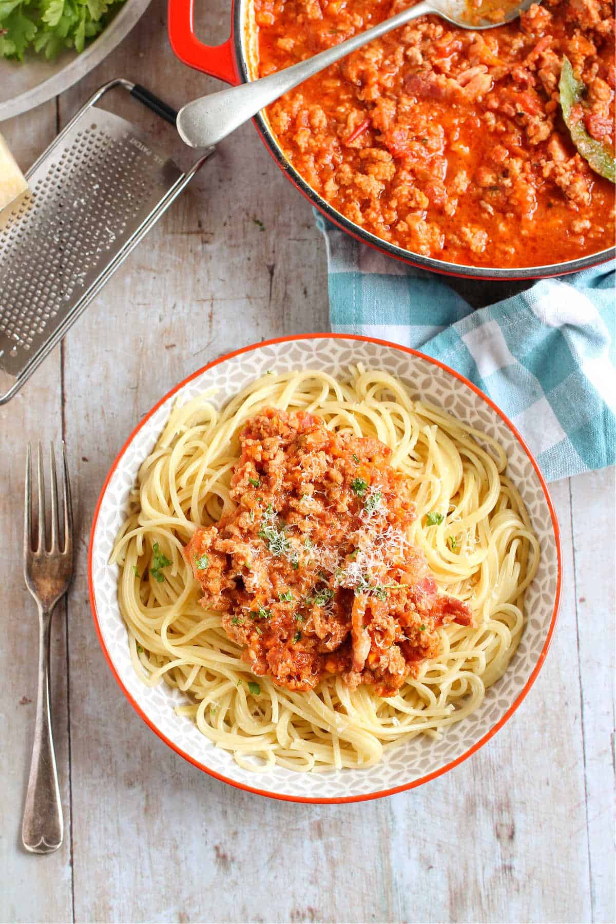 Overhead shot of o bowl of spaghetti and pork bolognese