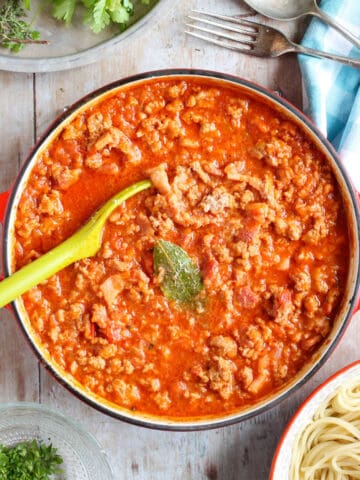 A pan of pork bolognese.