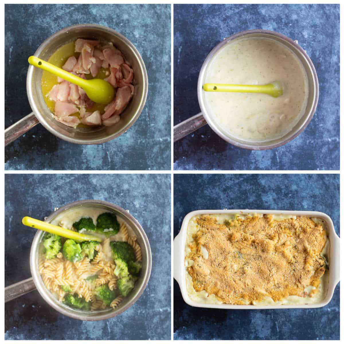 Step by step photo instruction collage for making the pasta bake.