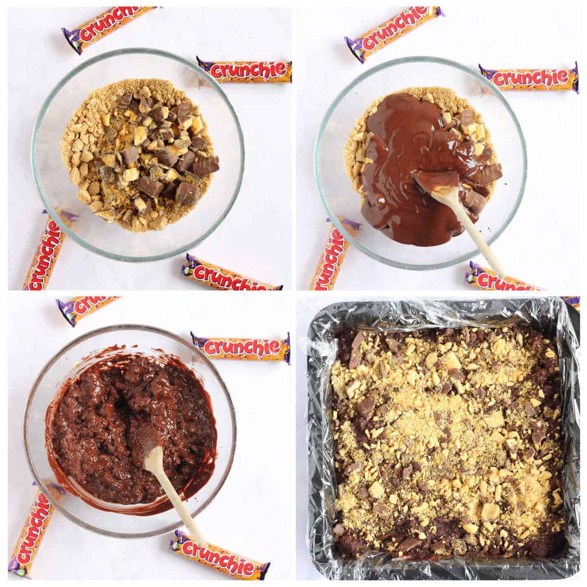 Step by step process photo's of how to make chocolate honeycomb tiffin.