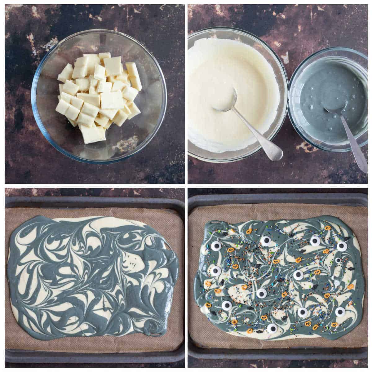 Step by step photo instructions for making Halloween chocolate bark.