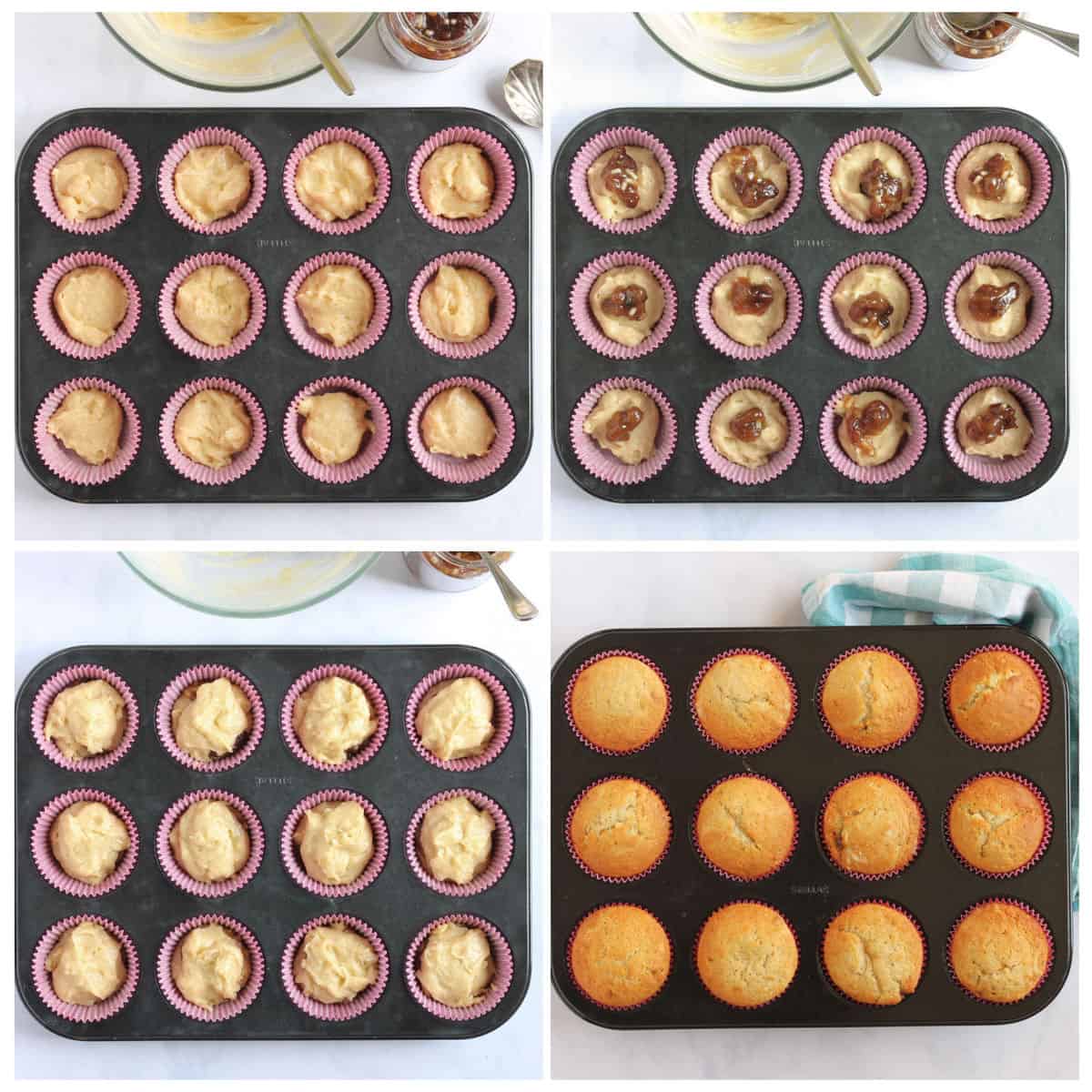 Step by step photo instruction collage for making mincemeat muffins part 2.