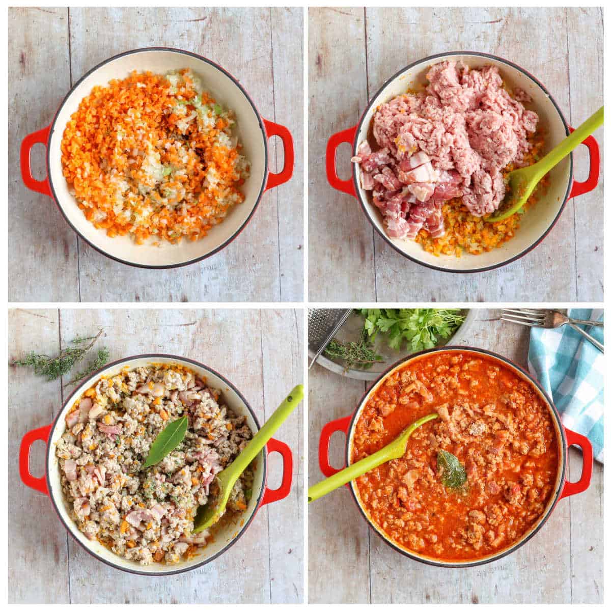 Step by step photo instructions collage for making pork bolognese.