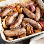 Sticky Sausage Traybake in a roasting pan.