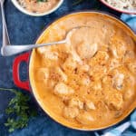 Chicken and mushroom stroganoff in a pan.