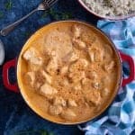A pan of creamy chicken and mushroom stroganoff.