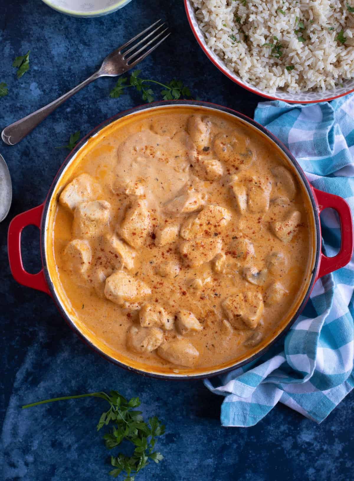 Chicken and mushroom stroganoff with brown rice.
