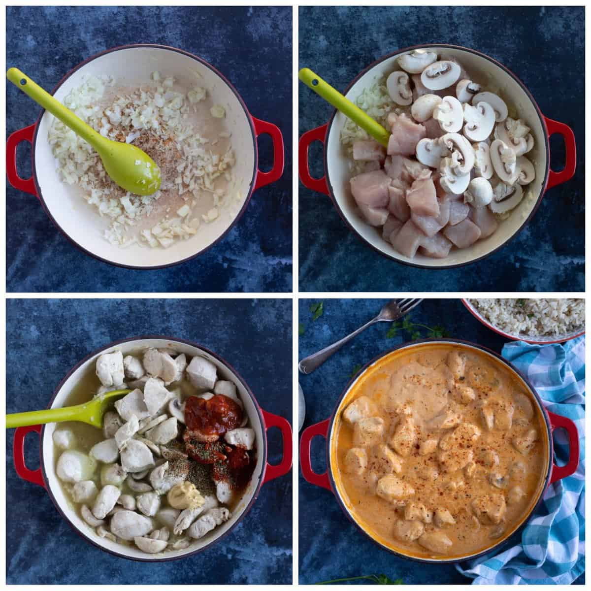 Step by step photo instruction collage for making chicken and mushroom stroganoff.