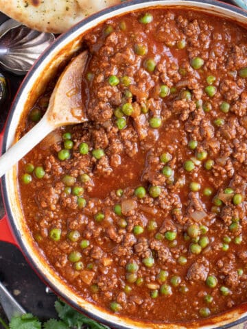 A pan of beef mince keema curry.