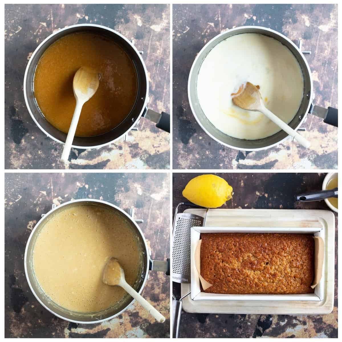 Step by step photo instructions for making the golden syrup cake in a loaf tin.