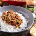 Keema Matar curry on a bed of basmati rice.