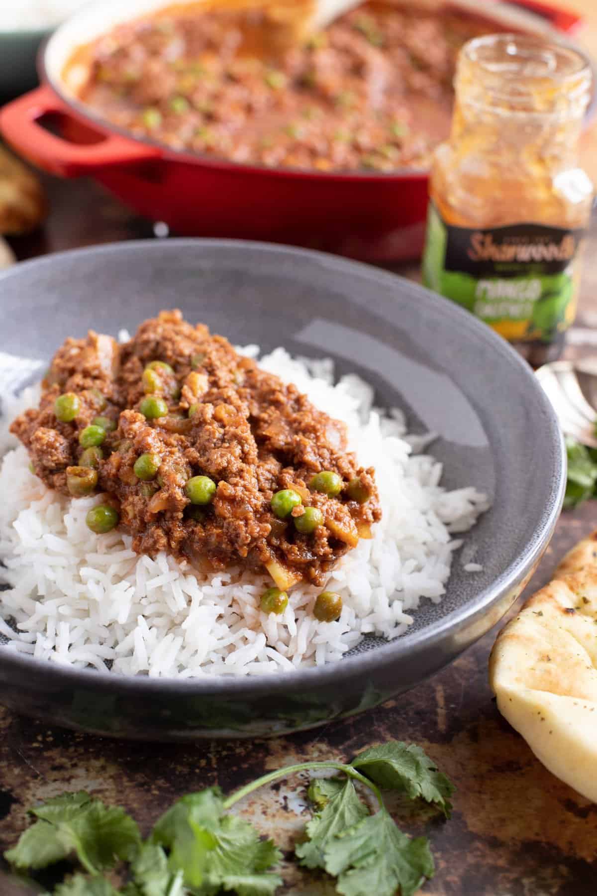 Keema Matar curry on a bed of rice.