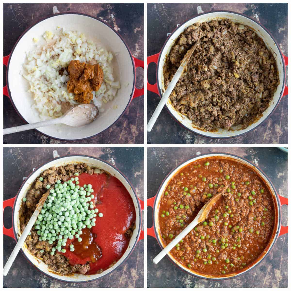 Step by step photo instructions for making Keema Matar.