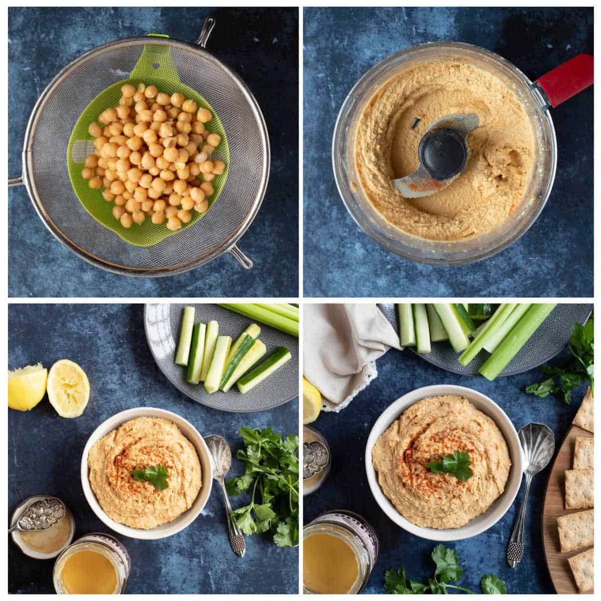 Step by step photo instructions for making homemade hummus.